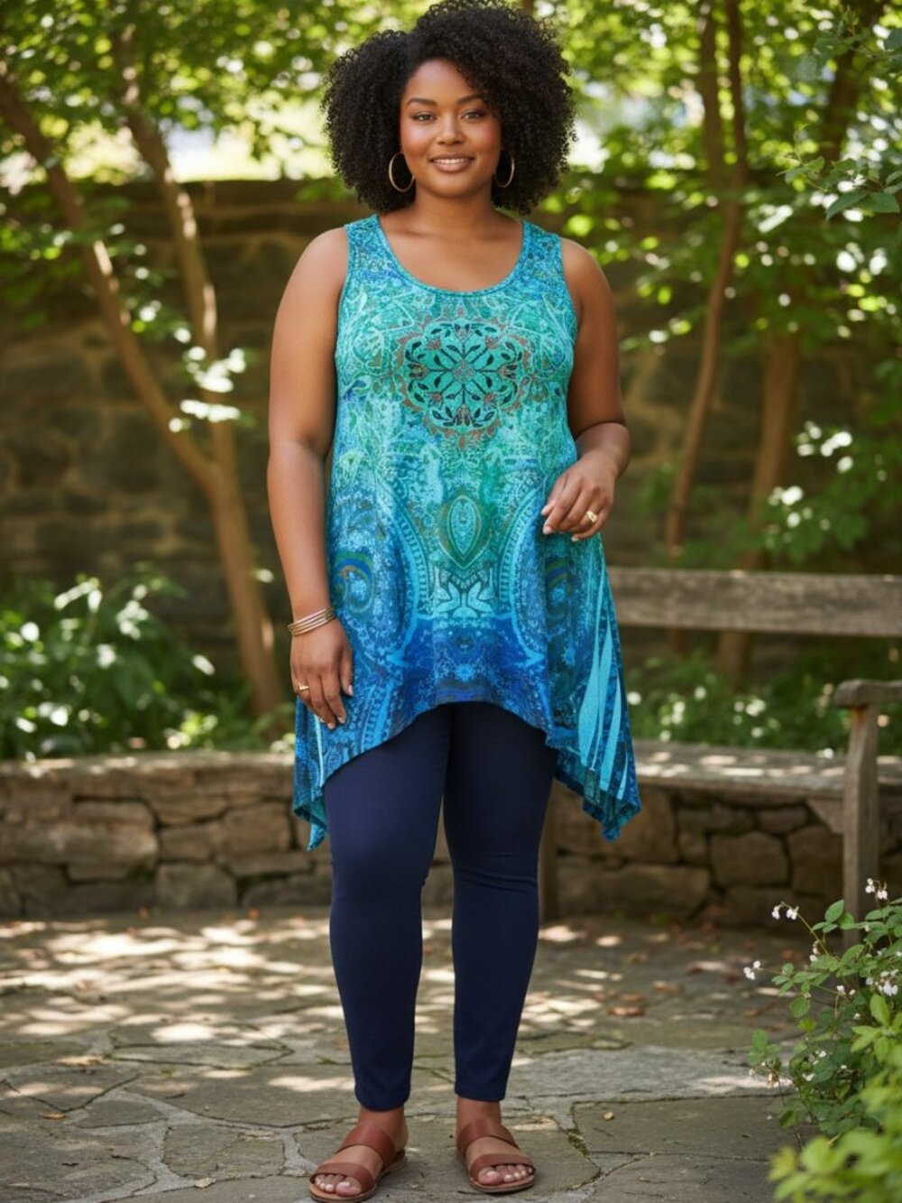 Clu Clue Women Teal Paisley Mandala Lace Yoke Embellished Tank Top Size L
